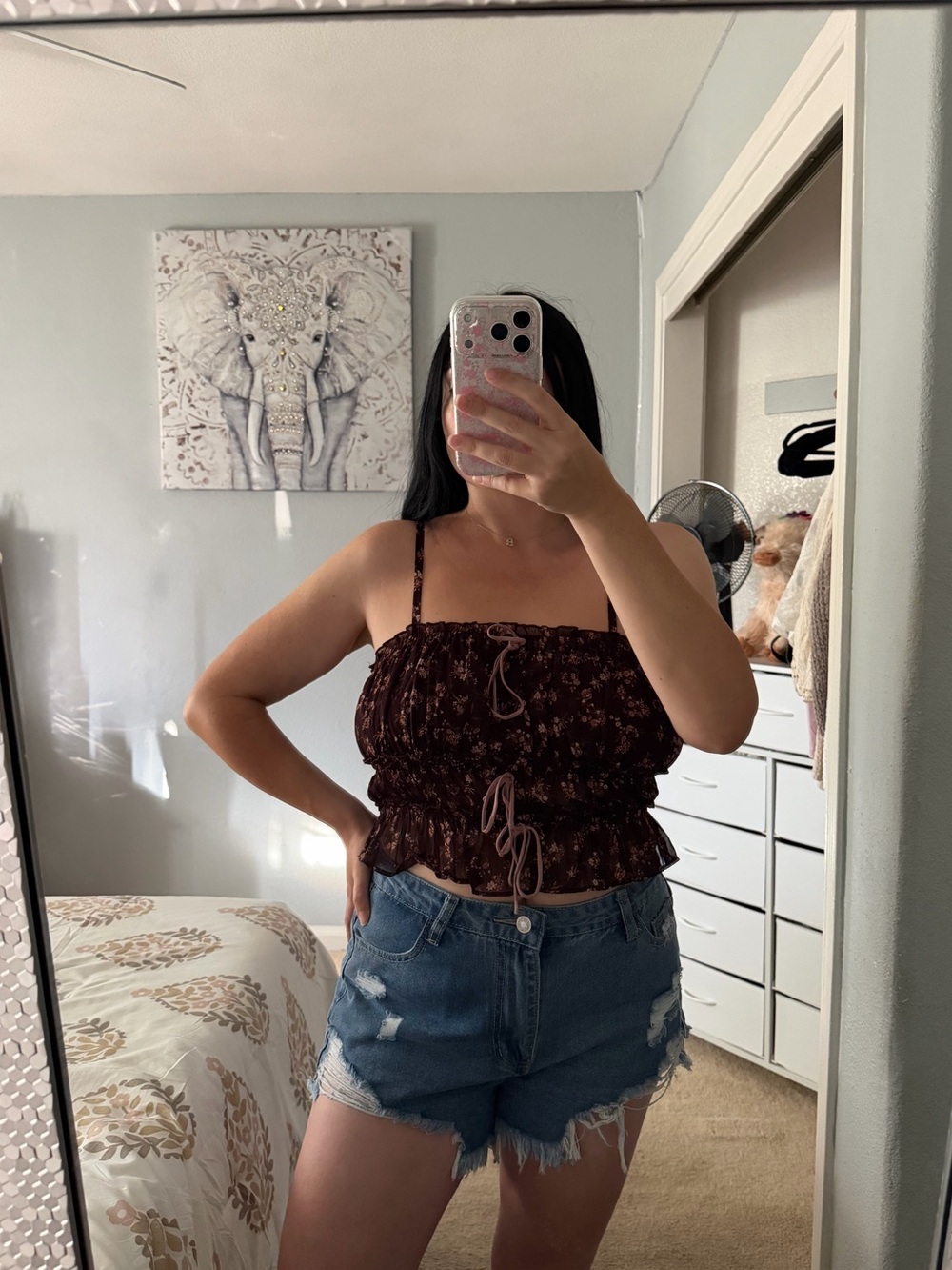 Dark Plum Purple Floral Ruffle Bow Tow Front Crop Top M Medium S Small